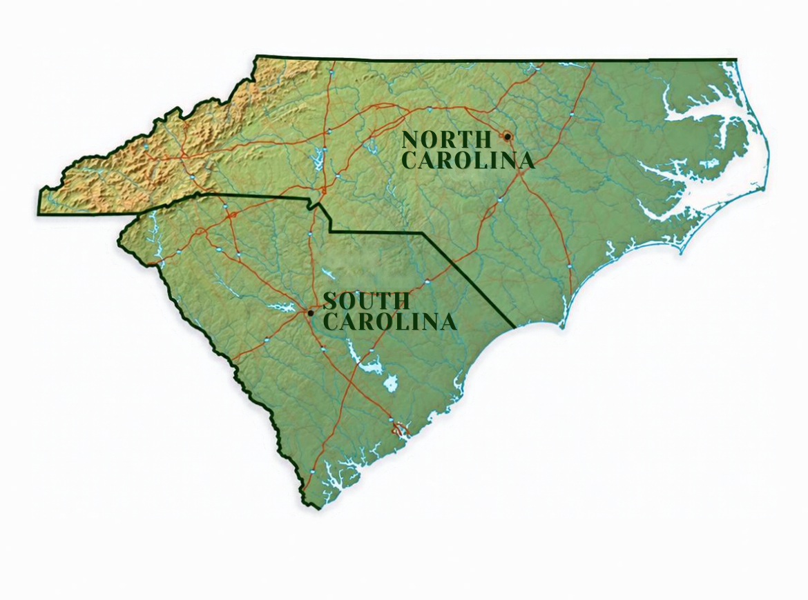 Map of North Carolina and South Carolina showing terrain, rivers and major roads