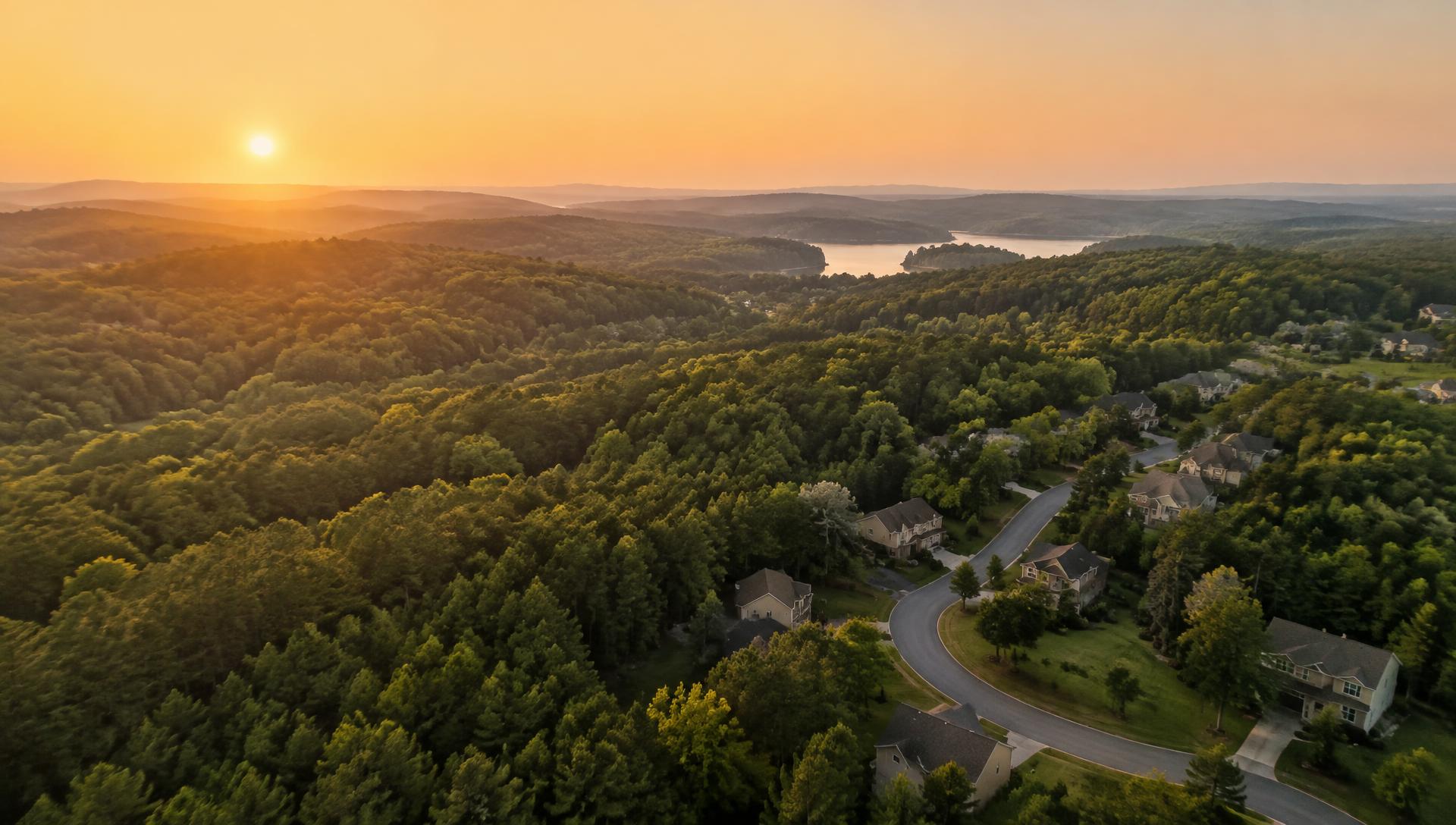 Aerial view of Carolinas woodland meeting a residential neighborhood at sunrise