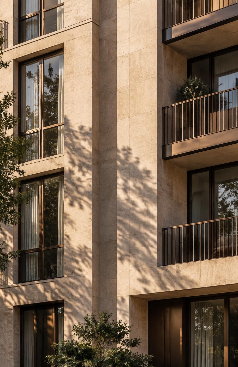 Limestone residential facade with bronze window frames in late afternoon light