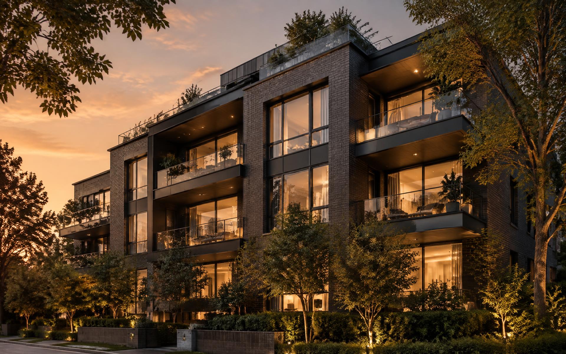 Contemporary multifamily residential building at dusk, warmly lit behind mature trees